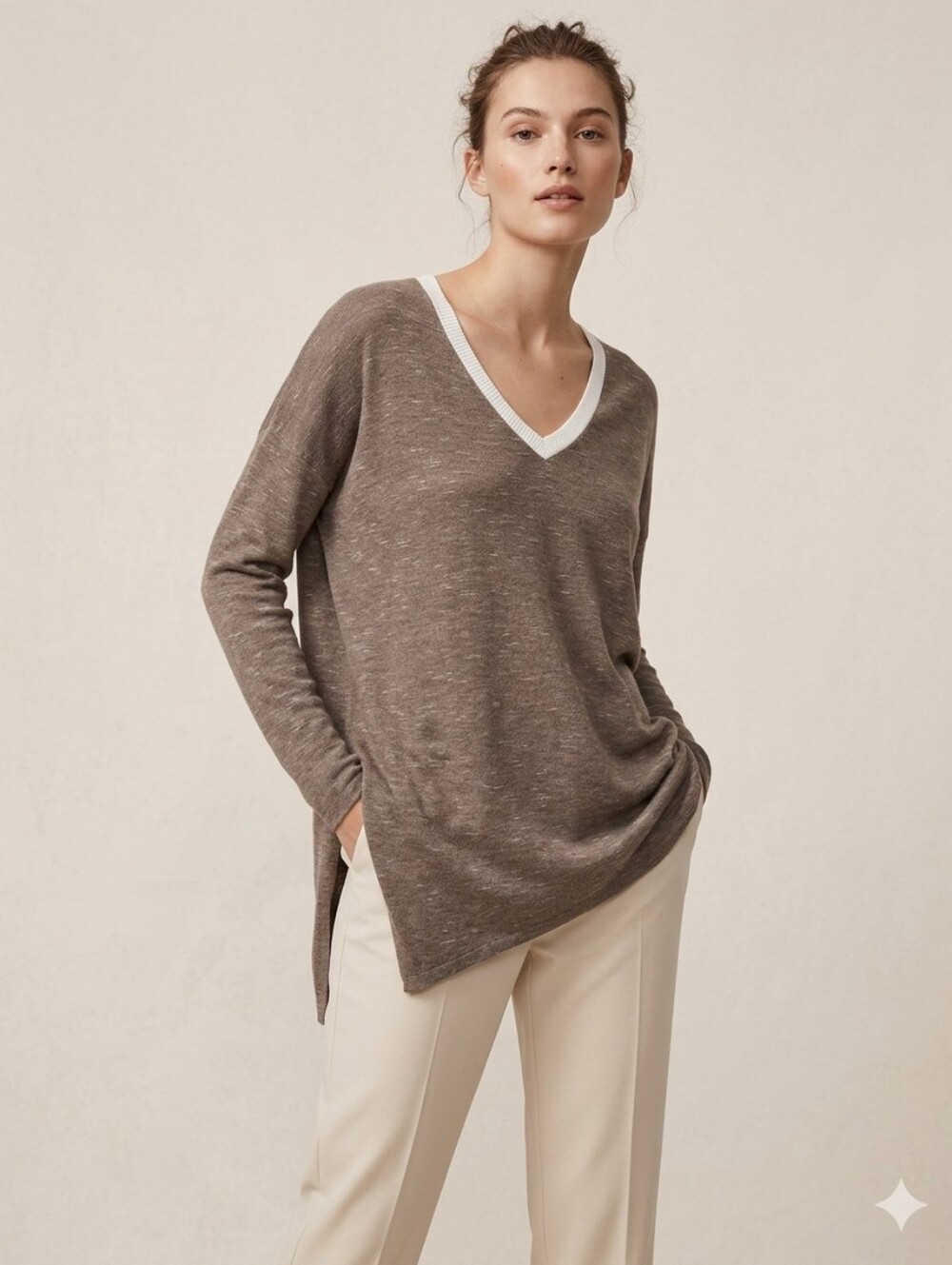 Wilfred Sherbrooke V-Neck Thin Knit Sweater Asymmetric Hem Loose Fit